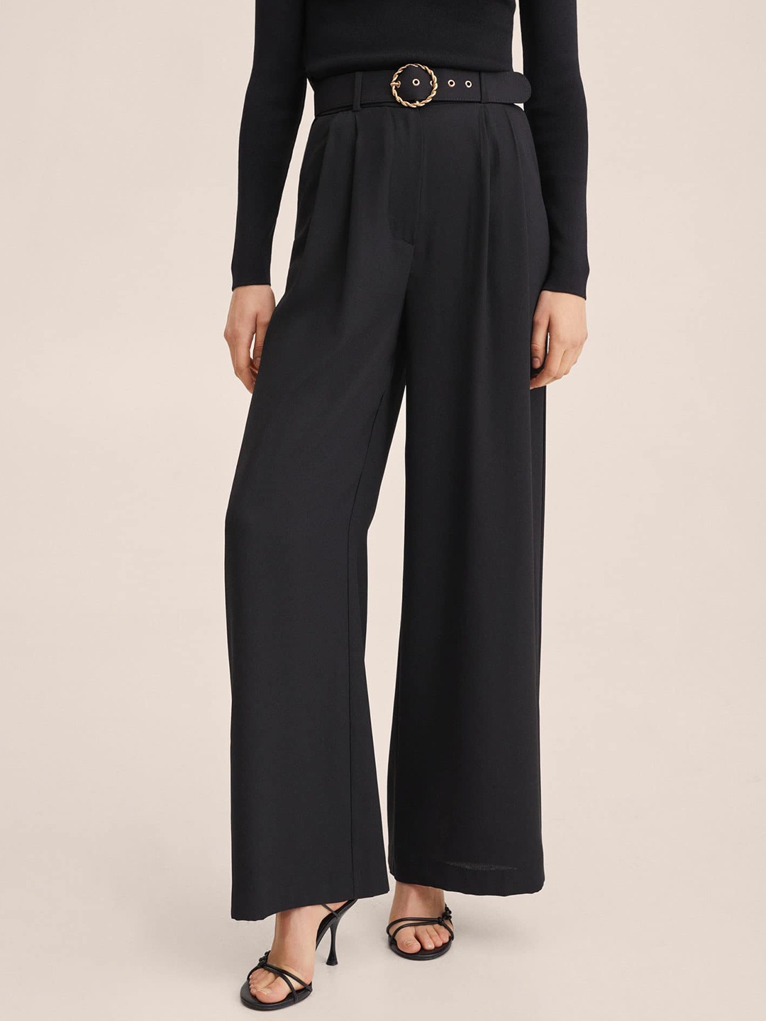 

MANGO Women Black Solid Flared Pleated Trousers Comes with a Belt