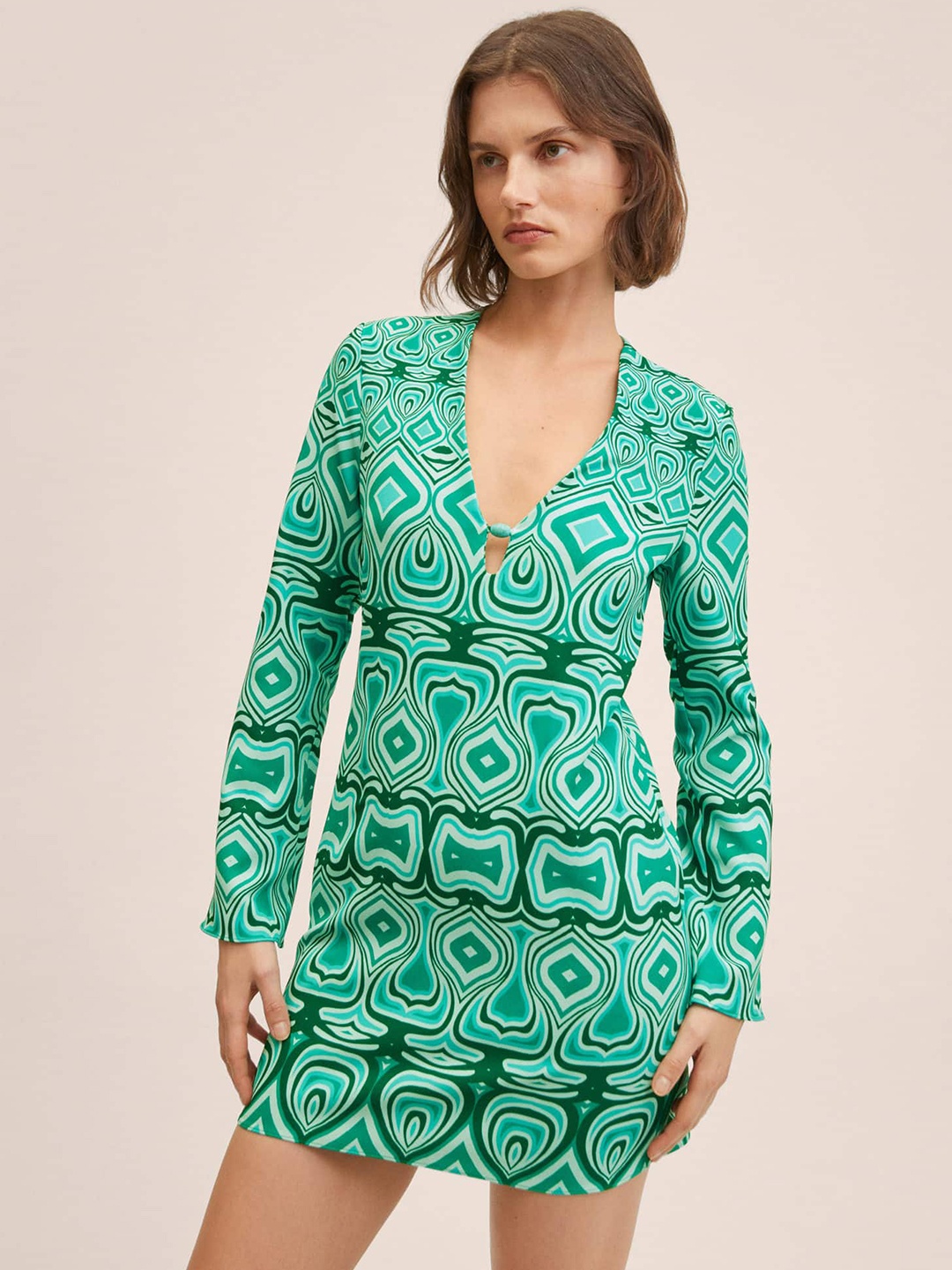 

MANGO Green & White Abstract Printed Sheath Dress