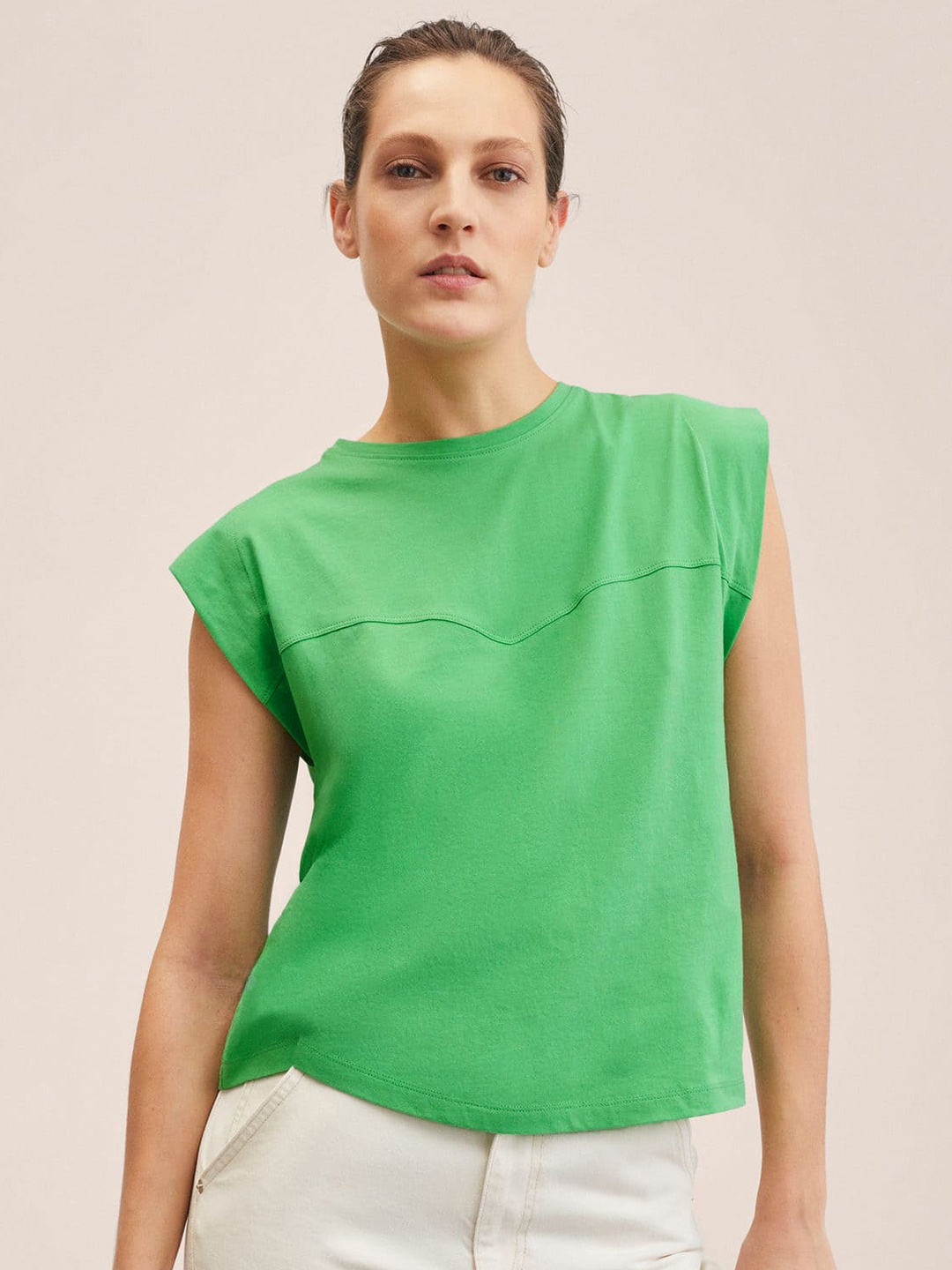 

MANGO Women Green Pure Cotton Solid Extended Sleeves T-shirt