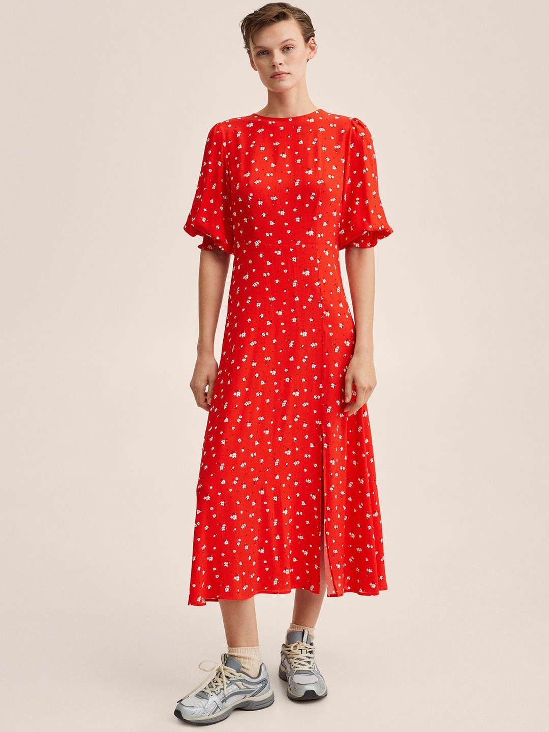 

MANGO Red & White Floral Formal A-Line Midi Dress