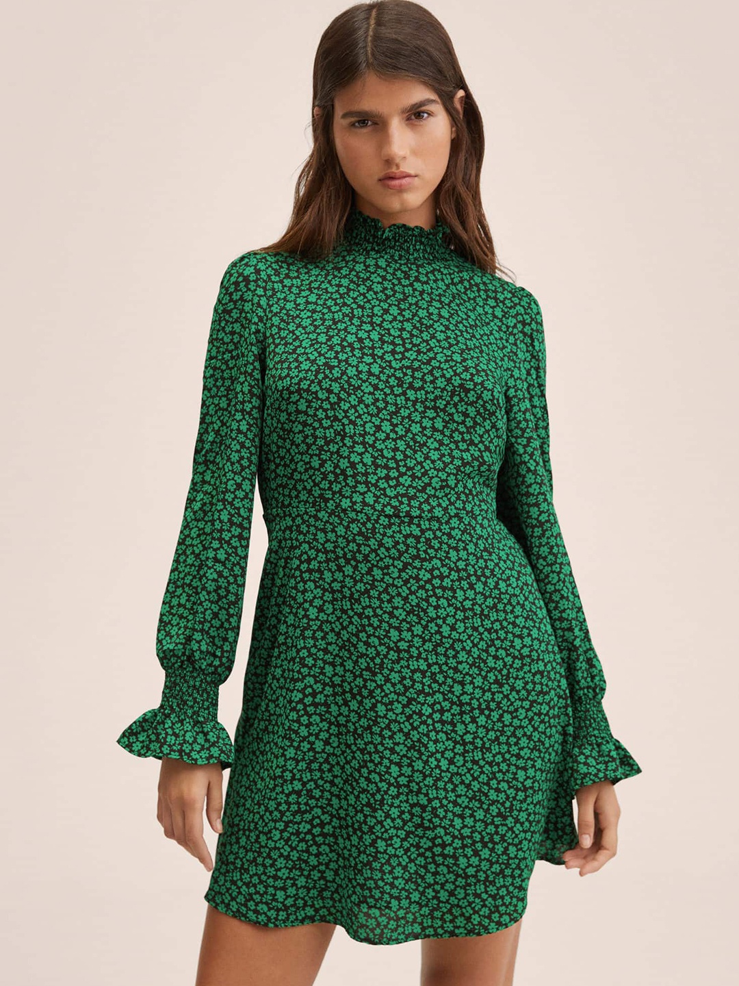 

MANGO Women Black & Green Floral Puff Sleeves Smocked A-Line Mini Dress