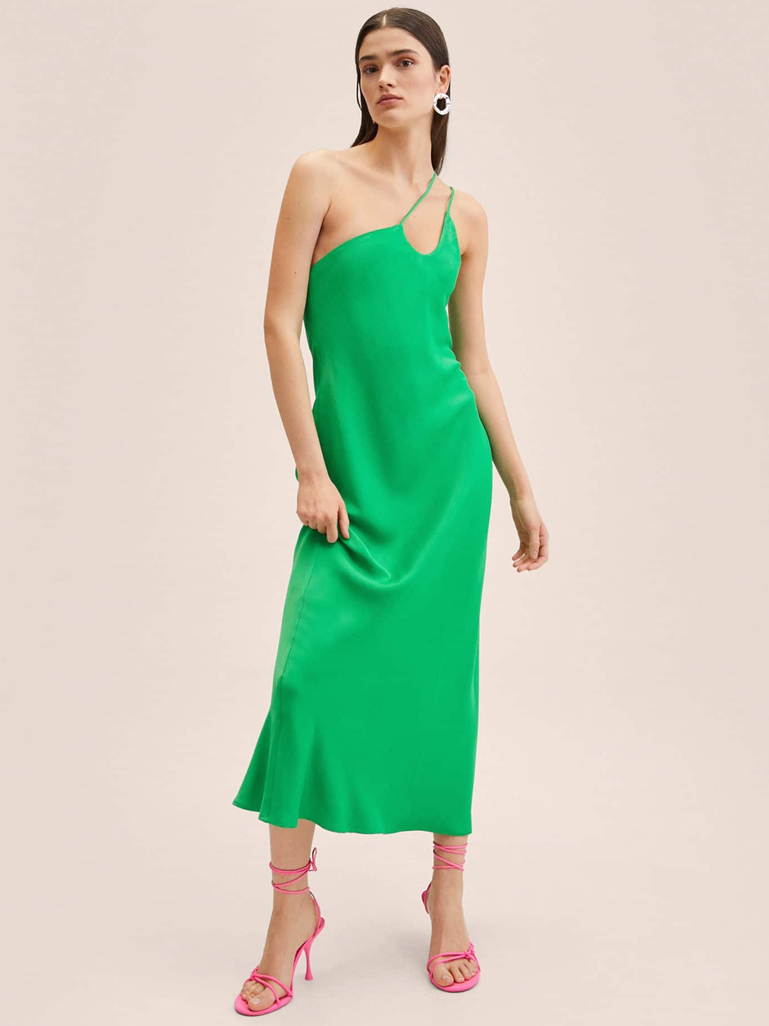 

MANGO Green Satin Finish Asymmetric Neckline A-Line Midi Dress