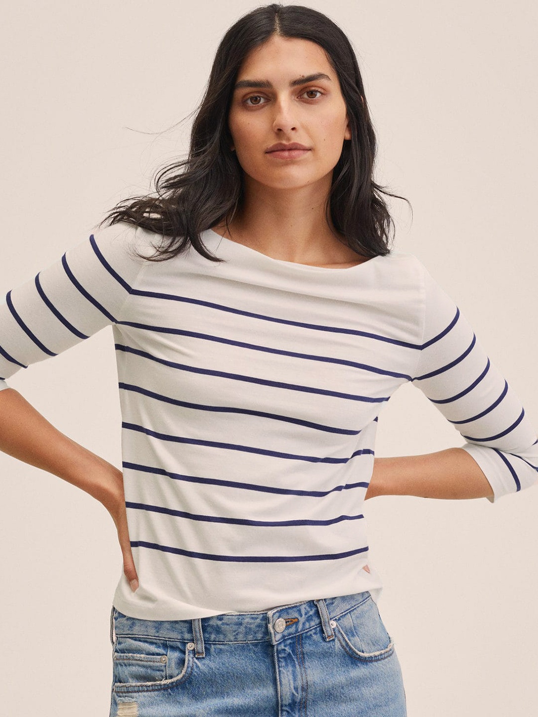 

MANGO Women White & Blue Pure Cotton Striped T-shirt