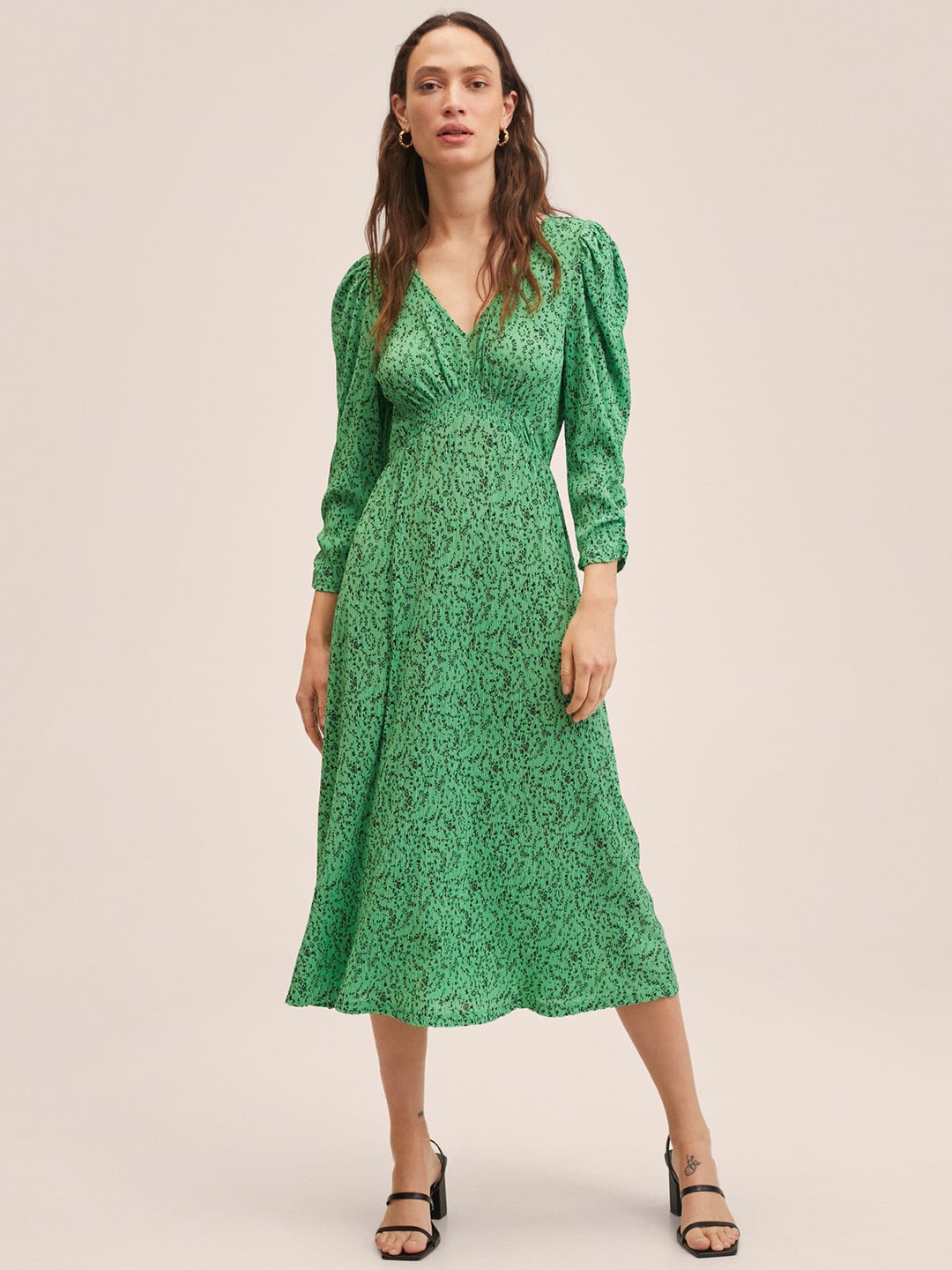 

MANGO Green Floral A-Line Midi Dress