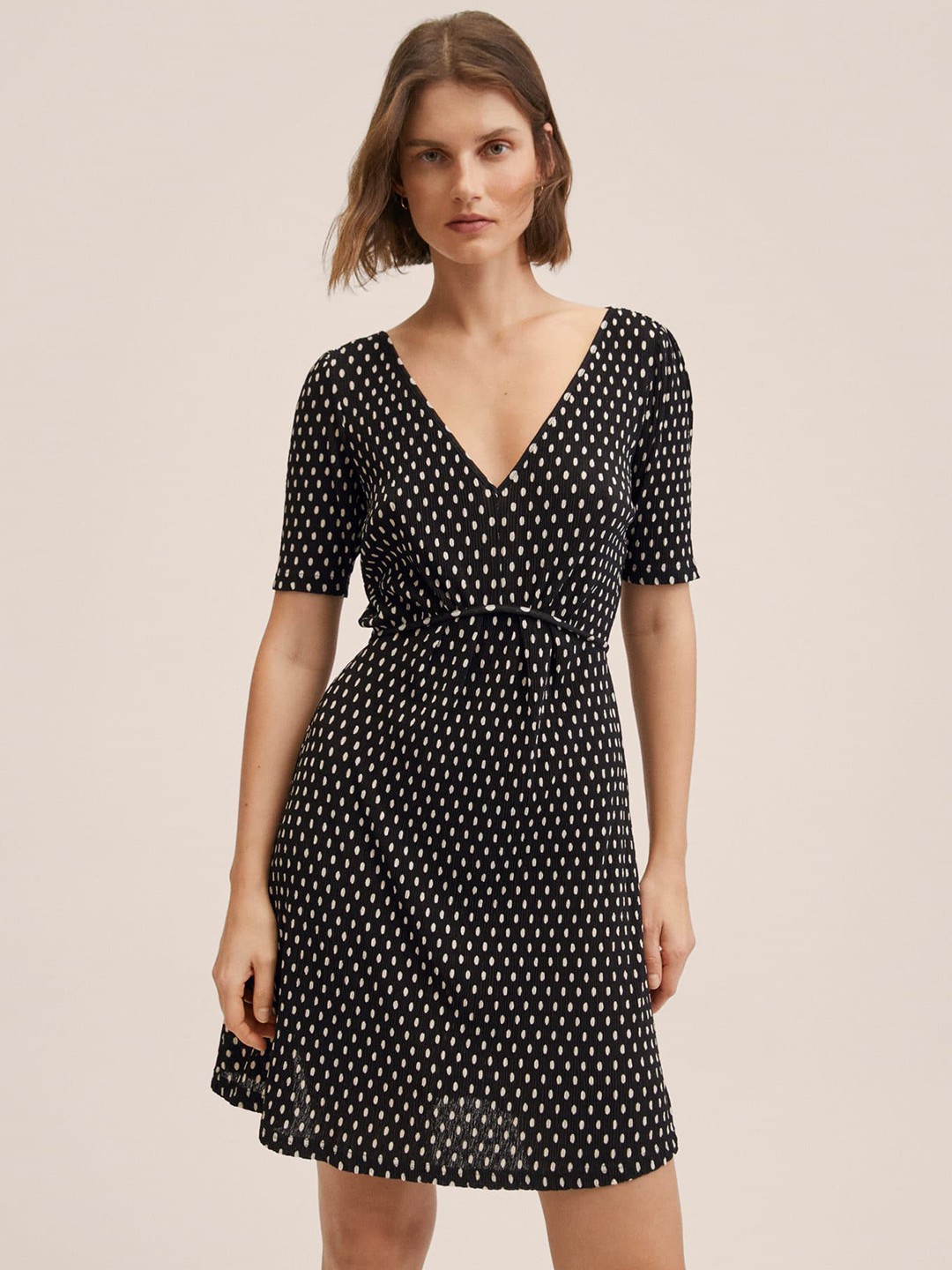 

MANGO Women Black & White Polka Dots Print A-Line Dress