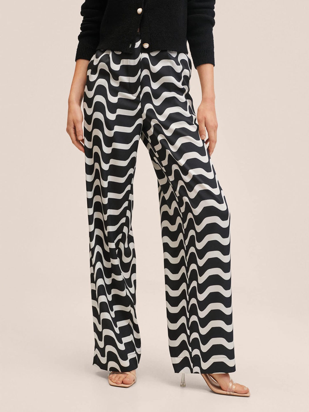 

MANGO Women Black & Off-White Printed High-Rise Parallel Trousers