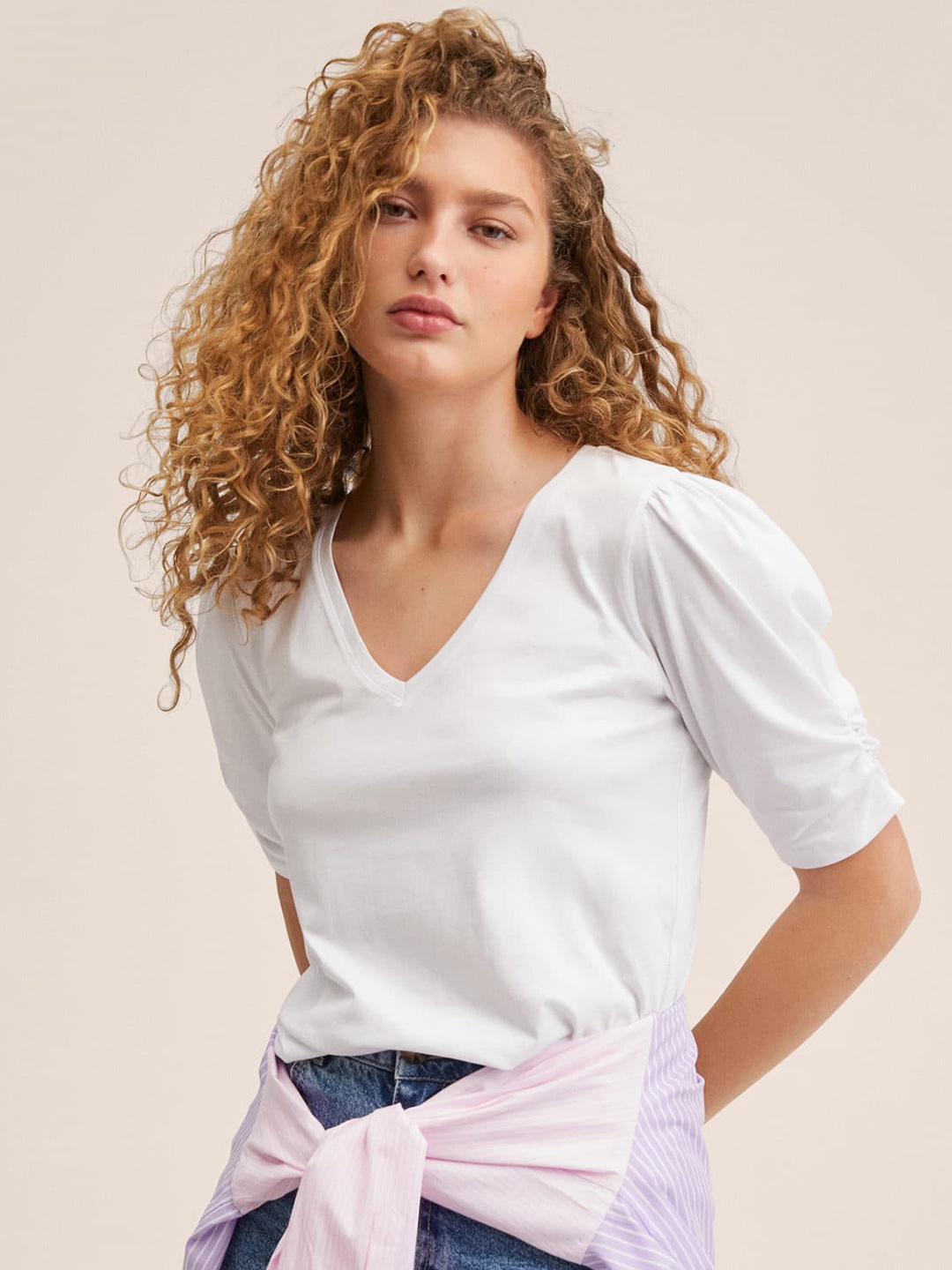 

MANGO Women White Pure Cotton V-Neck Puff Sleeves T-shirt