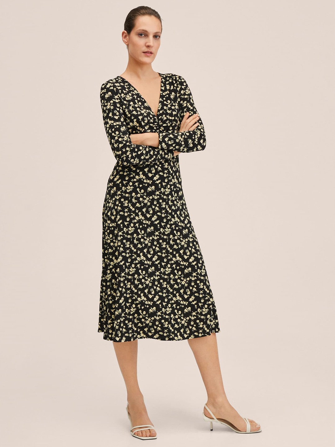 

MANGO Black & Yellow Floral Print A-Line Midi Dress
