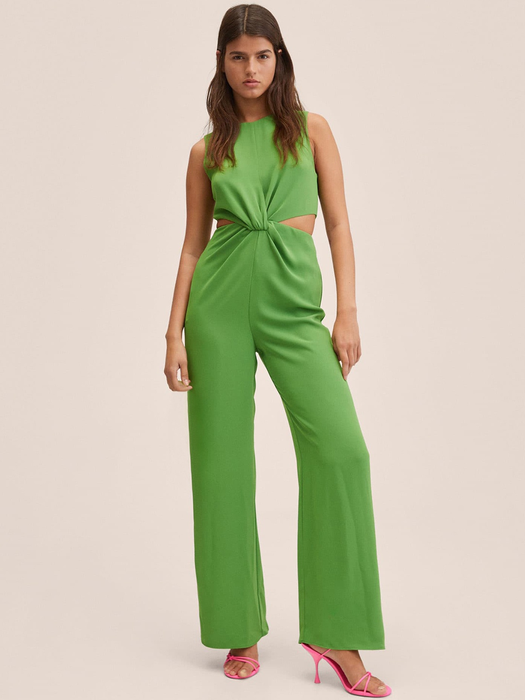 

MANGO Green Solid Twisted Flared Jumpsuit with Cut-Outs