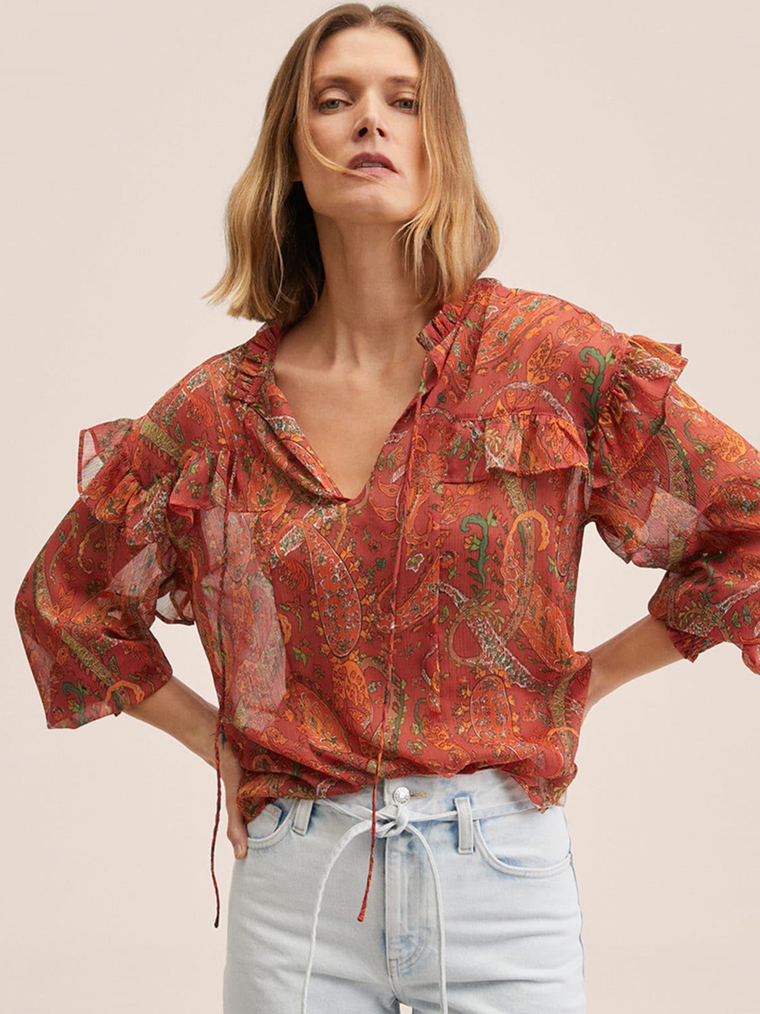 

MANGO Rust Orange & Green Paisley Print Tie-Up Neck Ruffles Top