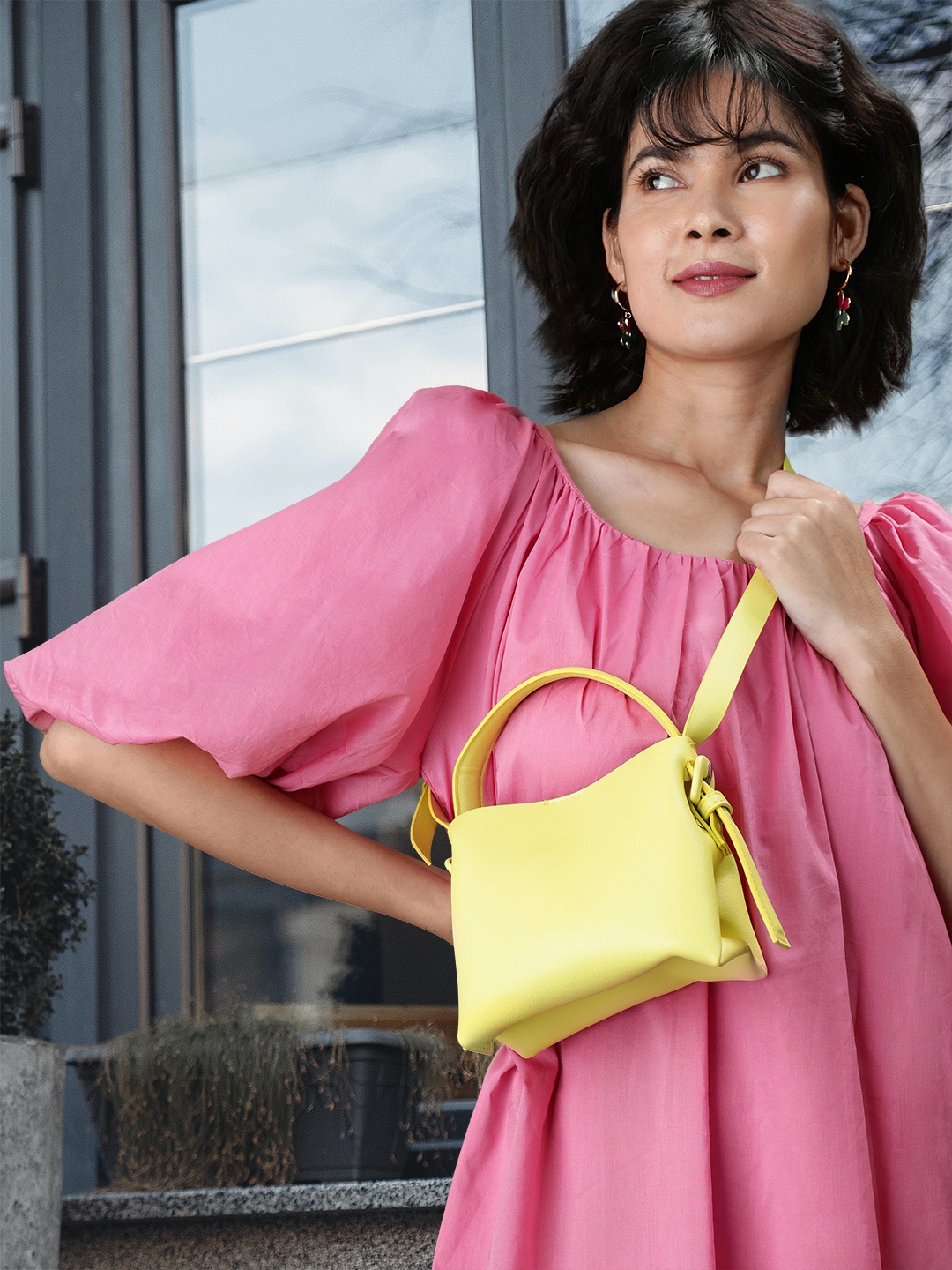 

MANGO Lime Green Solid Structured Handheld Bag with Buckle & Non-Detachable Sling Strap