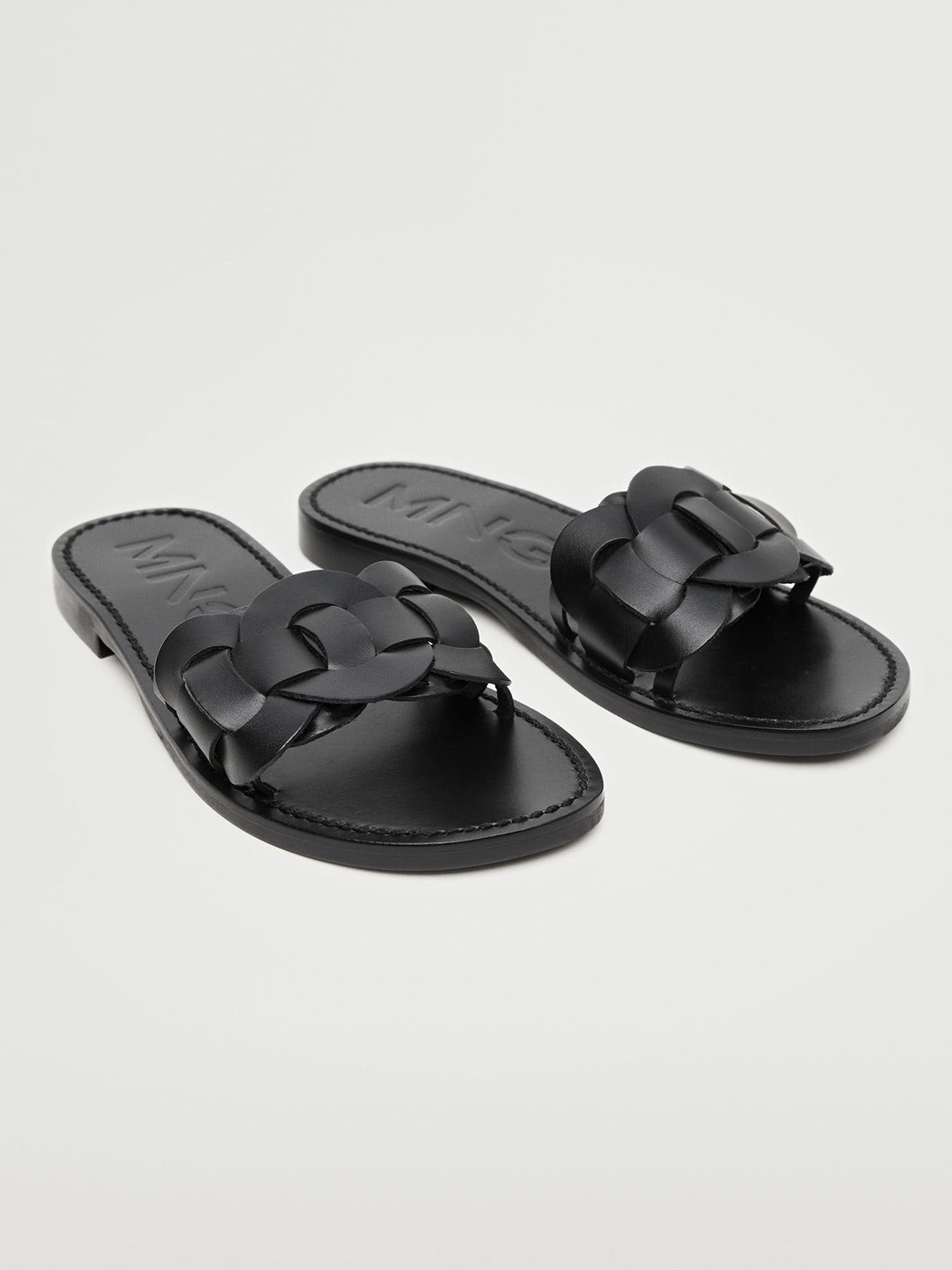 

MANGO Women Black Leather Open Toe Flats