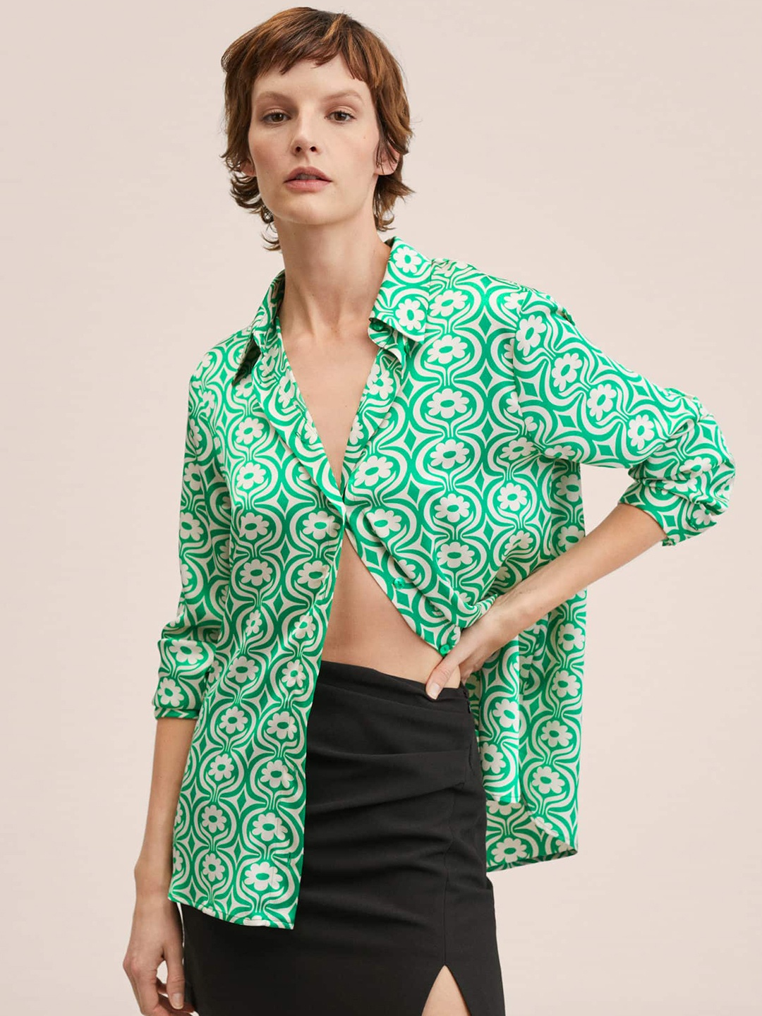 

MANGO Women Green Floral Printed Casual Shirt