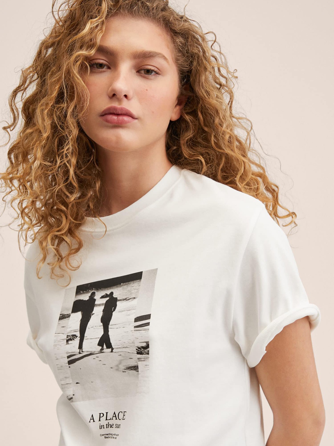 

MANGO Women White & Black Printed Pure Cotton T-shirt