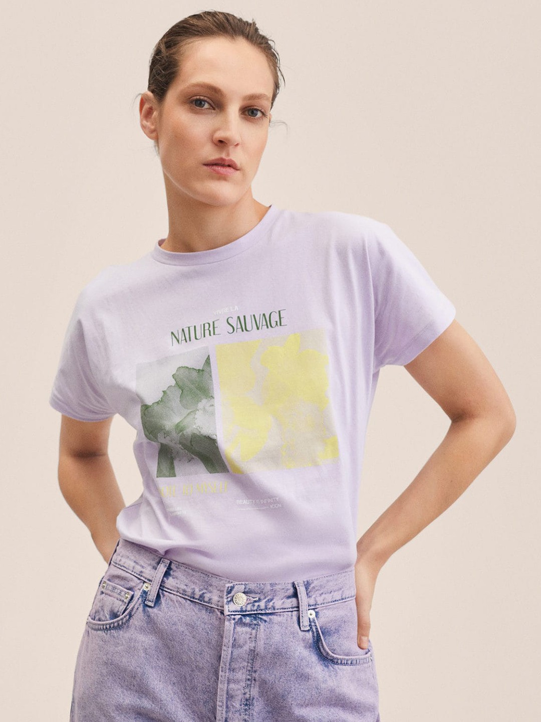 

MANGO Women Lavender & Yellow Pure Cotton Graphic Printed Extended Sleeves T-shirt