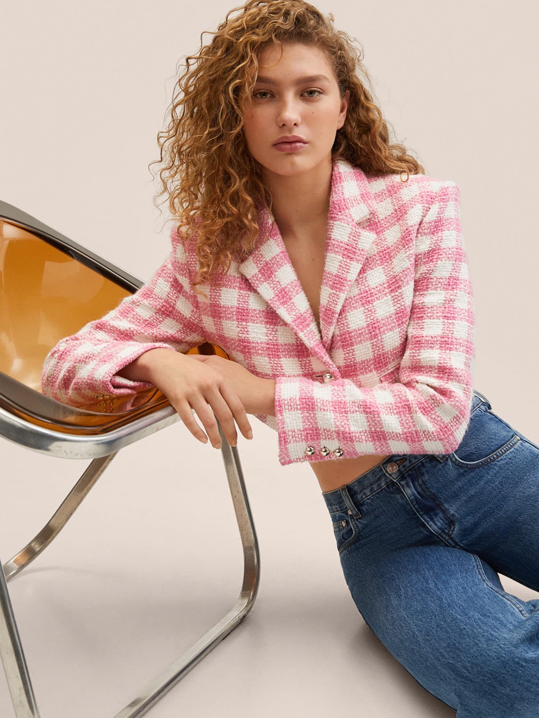 

MANGO Women Pink & Off-White Tweed Checked Single-Breasted Cropped Smart Casual Blazer