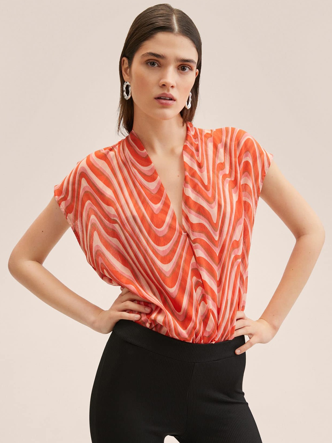 

MANGO Orange & Cream-Coloured Striped Extended Sleeves Wrap Top