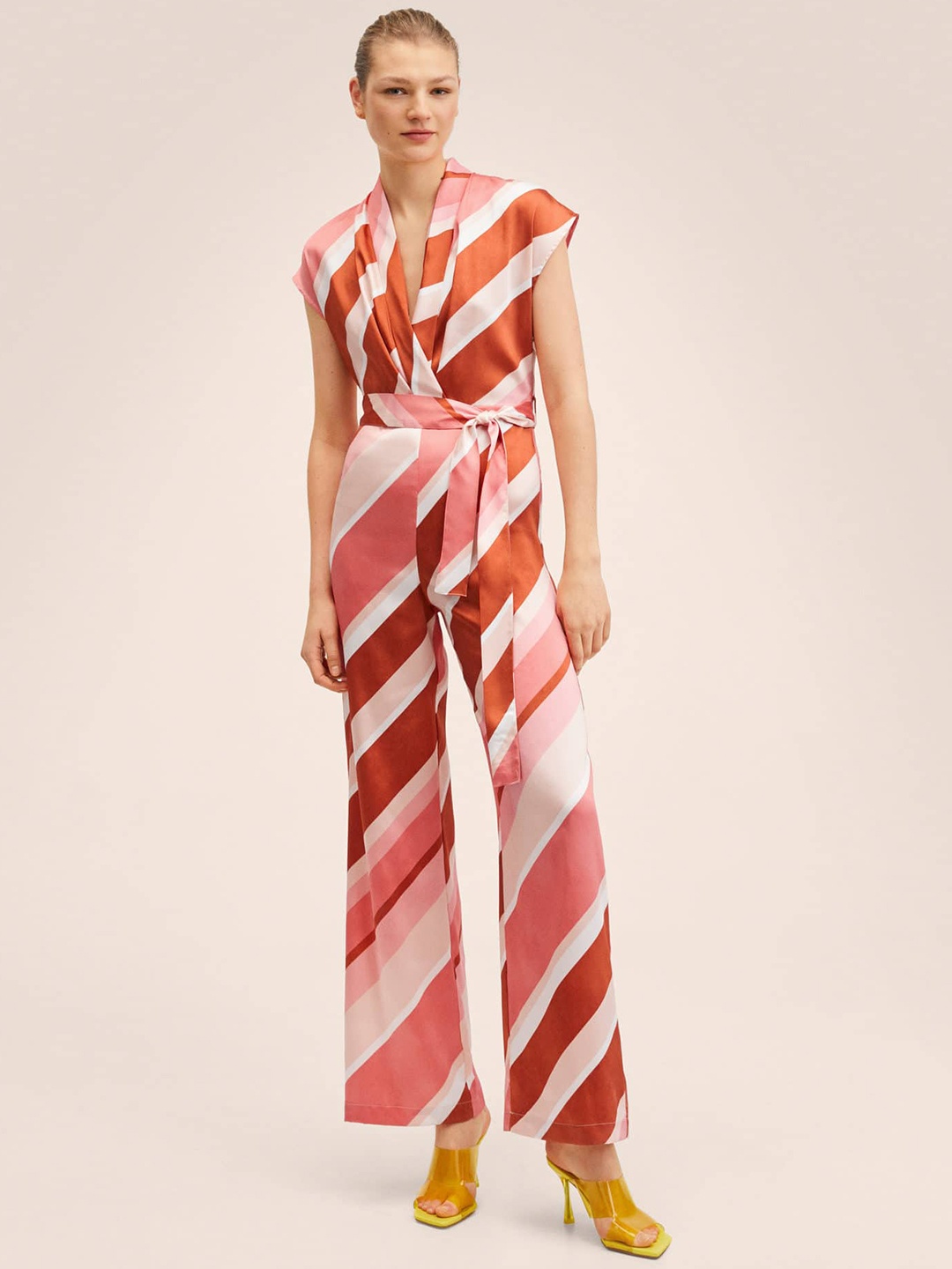 

MANGO Pink & White Striped Satin Basic Jumpsuit