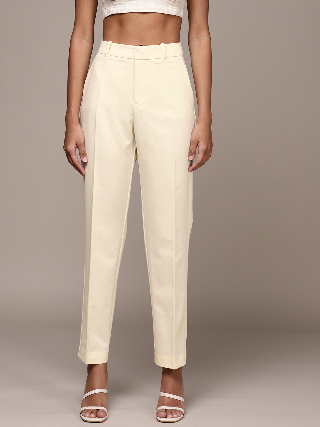

MANGO Women Off White Solid Trousers