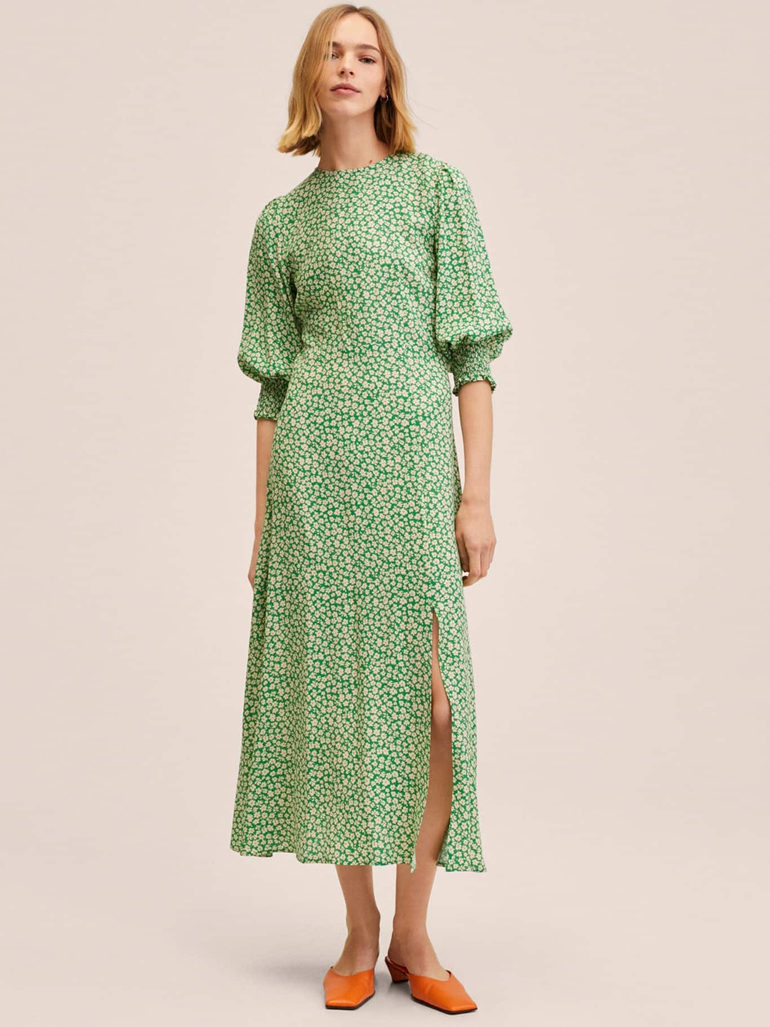

MANGO Women Green & Off White Floral Puff Sleeves Front Slit Detail A-Line Midi Dress