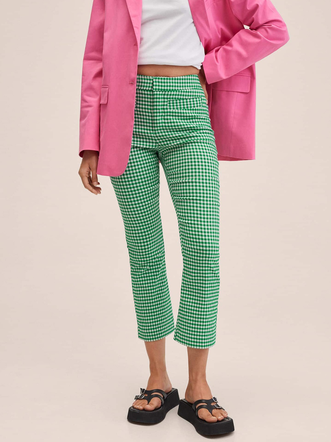 

MANGO Women Green & White Checked Cropped Trousers