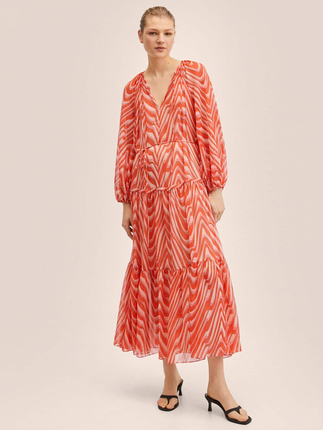 

MANGO Orange & White Tie-Up Neck Abstract Printed Maxi Dress