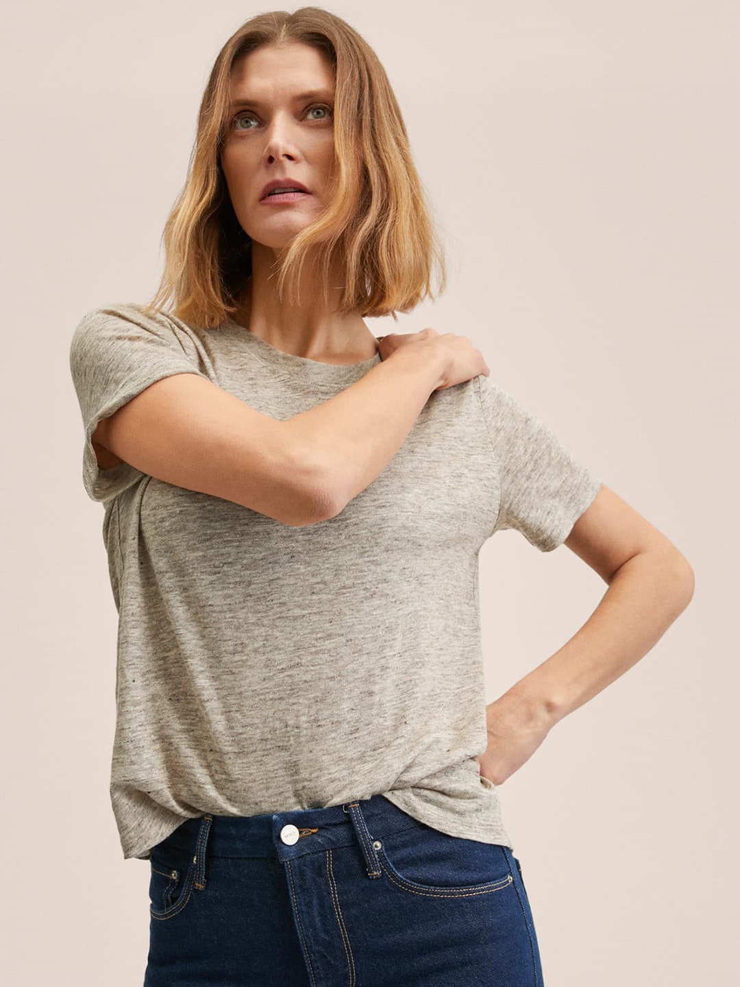 

MANGO Women Grey Melange Pure Linen T-shirt