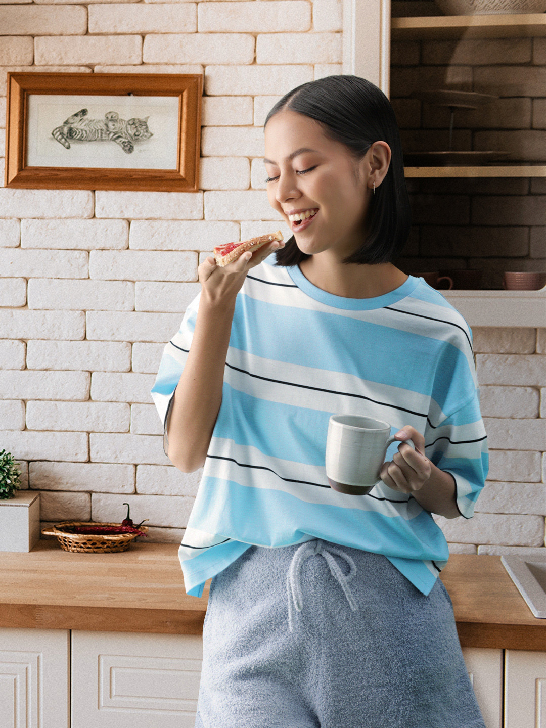 

MANGO Women Blue & White Pure Cotton Striped Boxy T-shirt