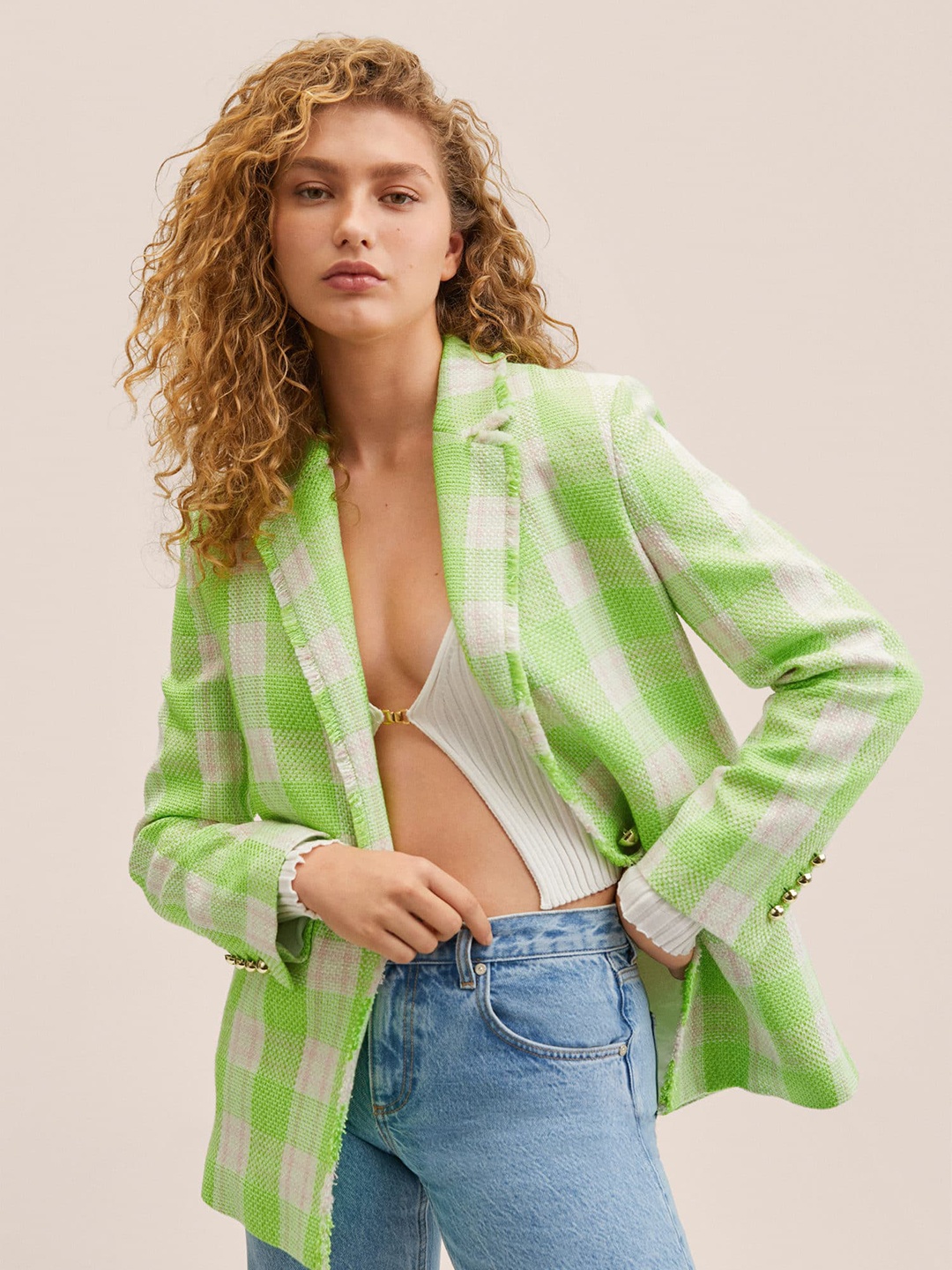 

MANGO Women Checked Tweed Blazer, Green