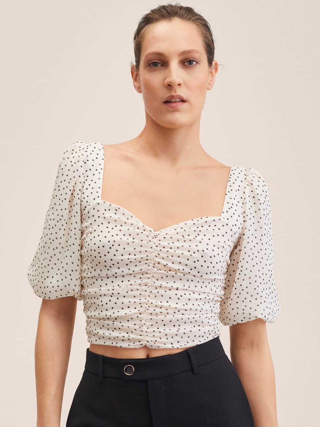 

MANGO White & Black Polka Dots Printed Top