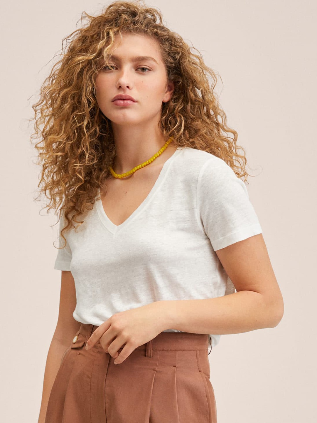 

MANGO Women Off-White Solid Pure Linen V-Neck T-shirt
