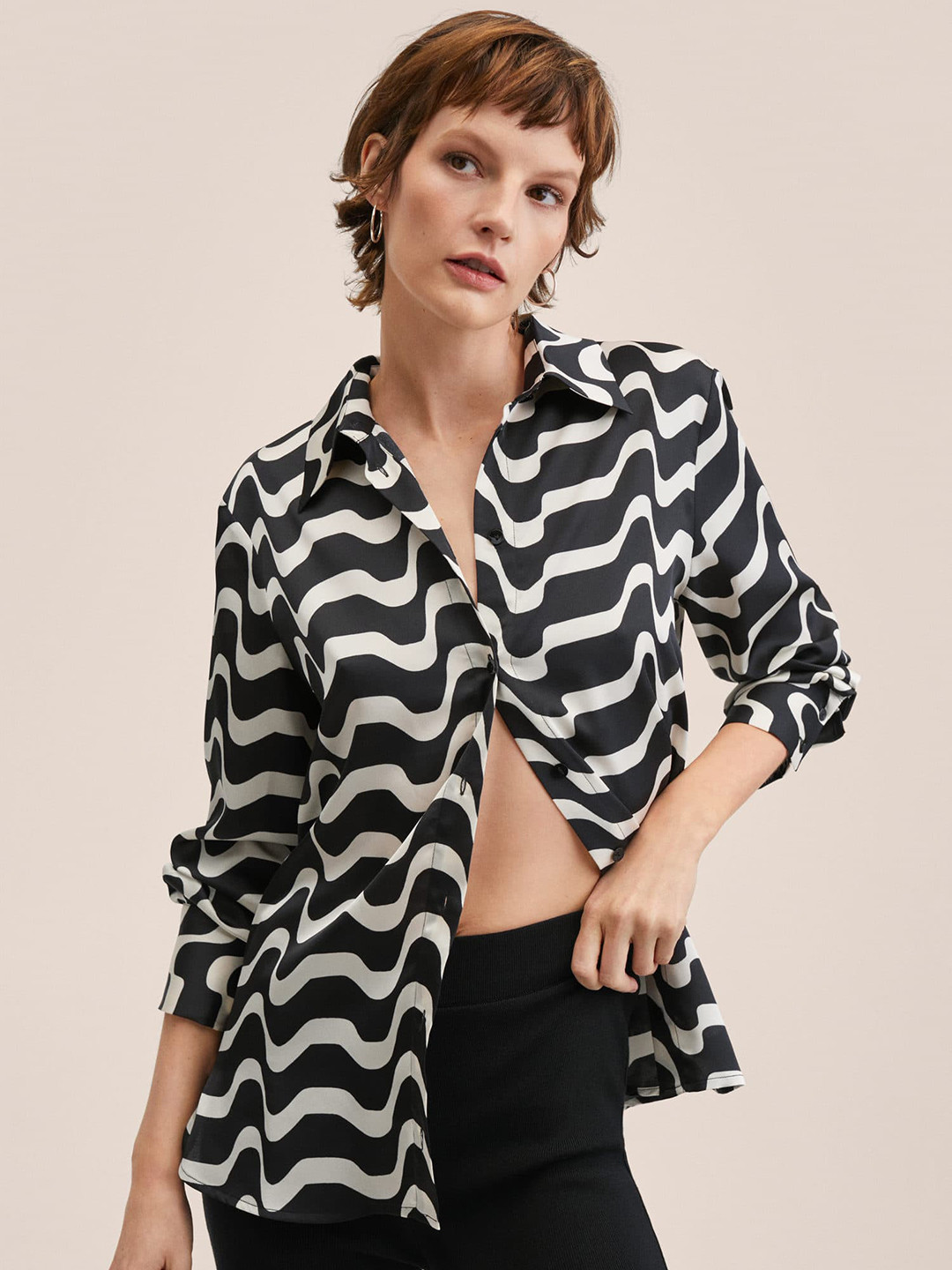 

MANGO Women Black & Off-White Satin Finish Oversized Striped Casual Shirt