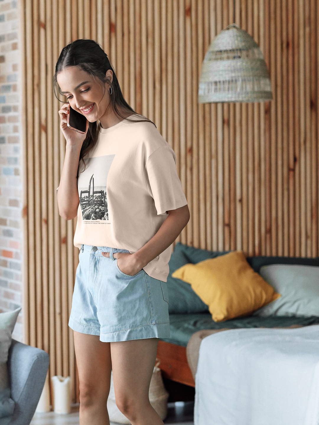 

MANGO Women Nude-Coloured Pure Cotton Graphic Printed T-shirt