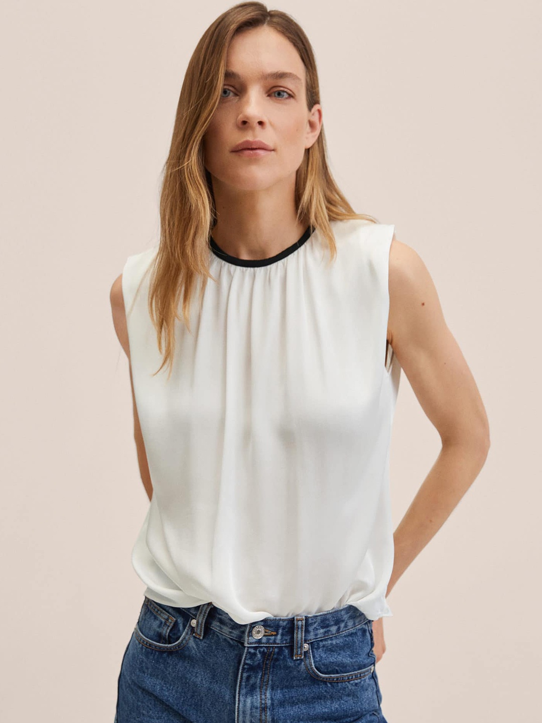 

MANGO White Solid Semi-Sheer Top