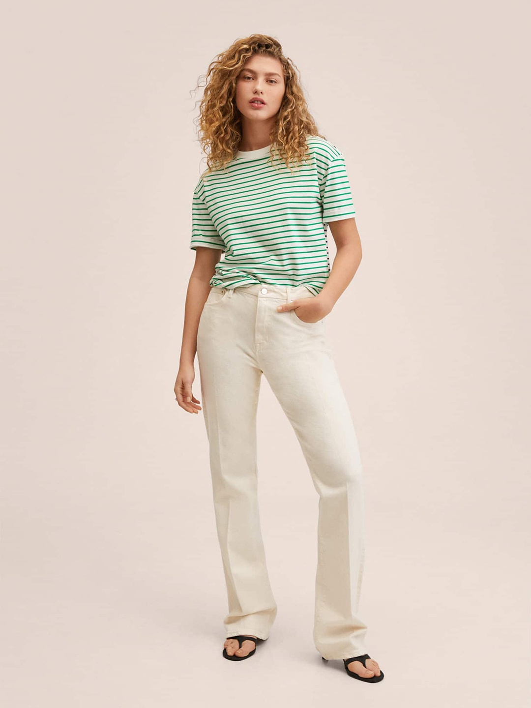 

MANGO Women Green & White Striped Pure Cotton T-shirt