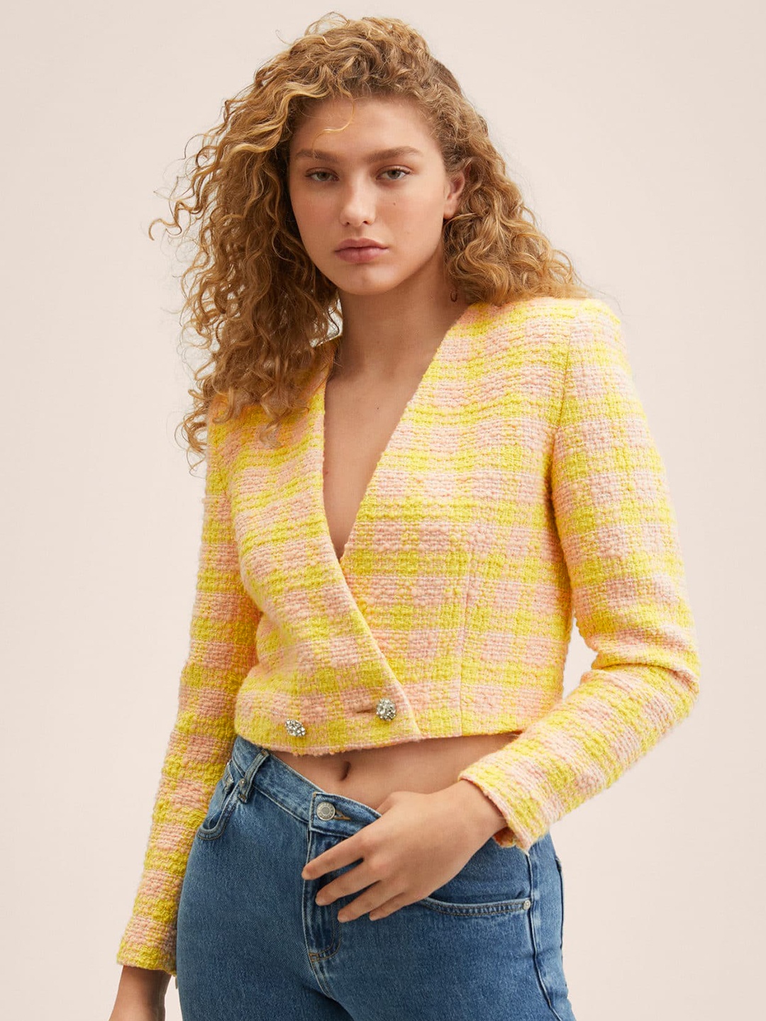 

MANGO Women Yellow & Pink Crop Self Design Tartan Checked Blazer
