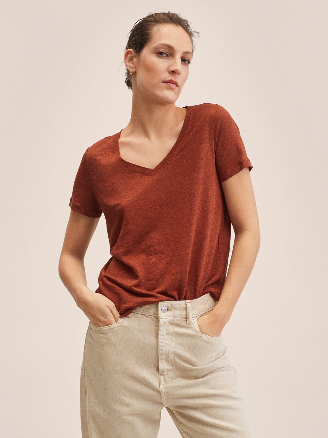 

MANGO Women Rust Brown Solid V-Neck Linen T-shirt