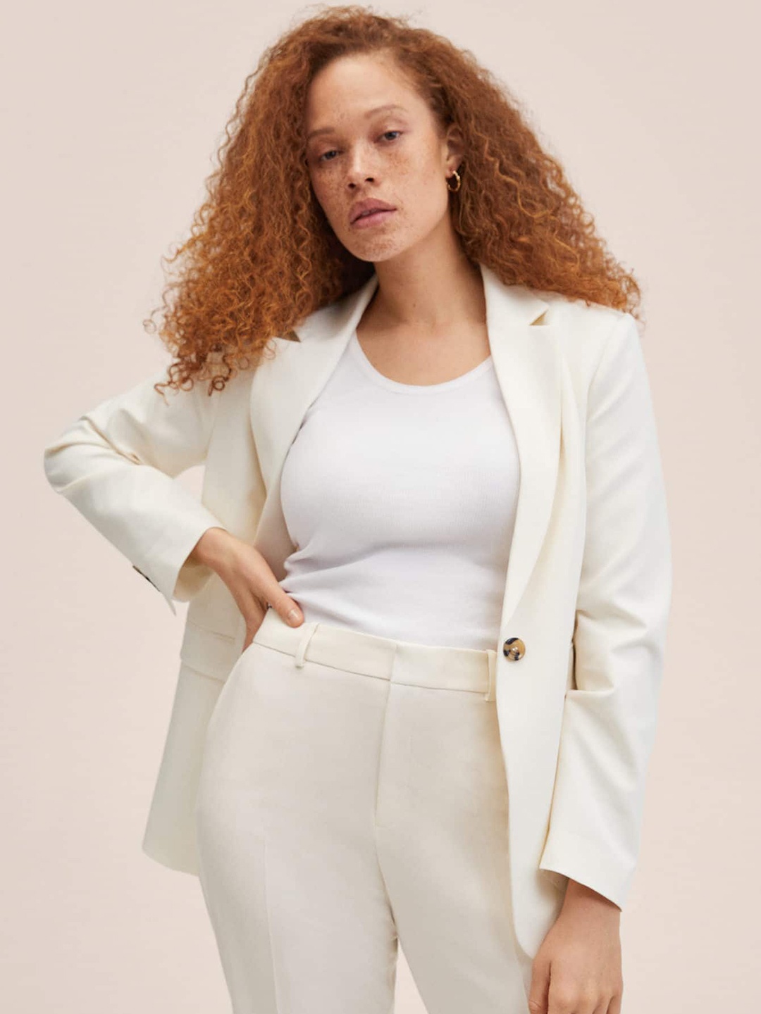 

MANGO Women Off-White Solid Tailored Fit Blazer