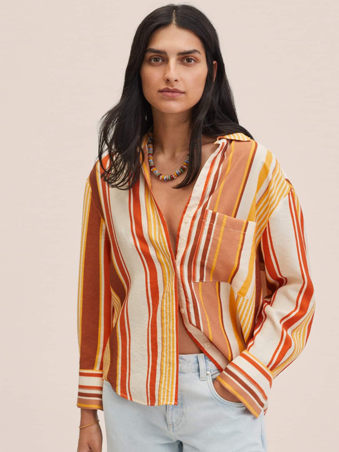 

MANGO Women Yellow & Brown Striped Casual Shirt