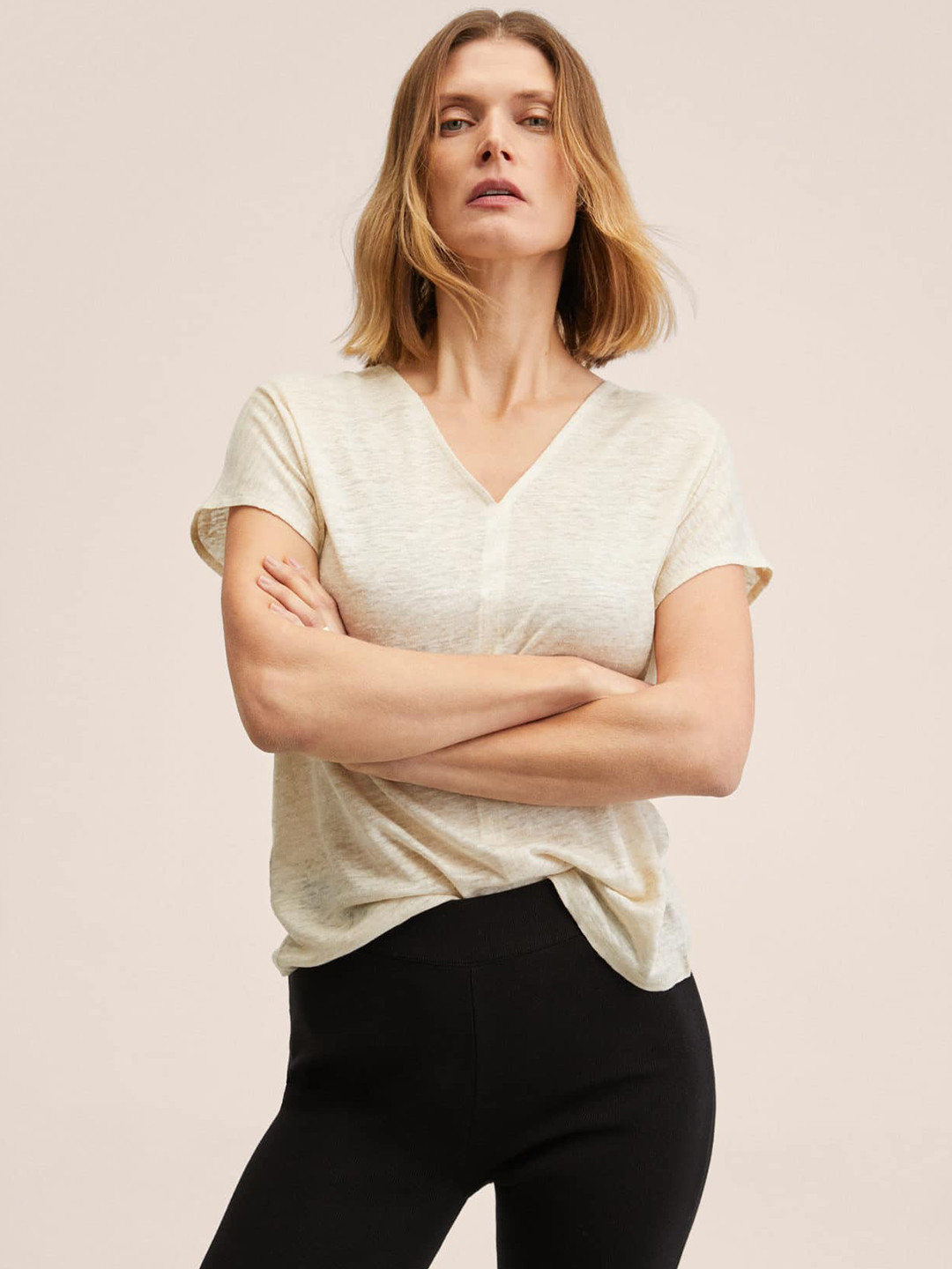 

MANGO Women Solid V-Neck Extended Sleeves Linen T-shirt, Beige
