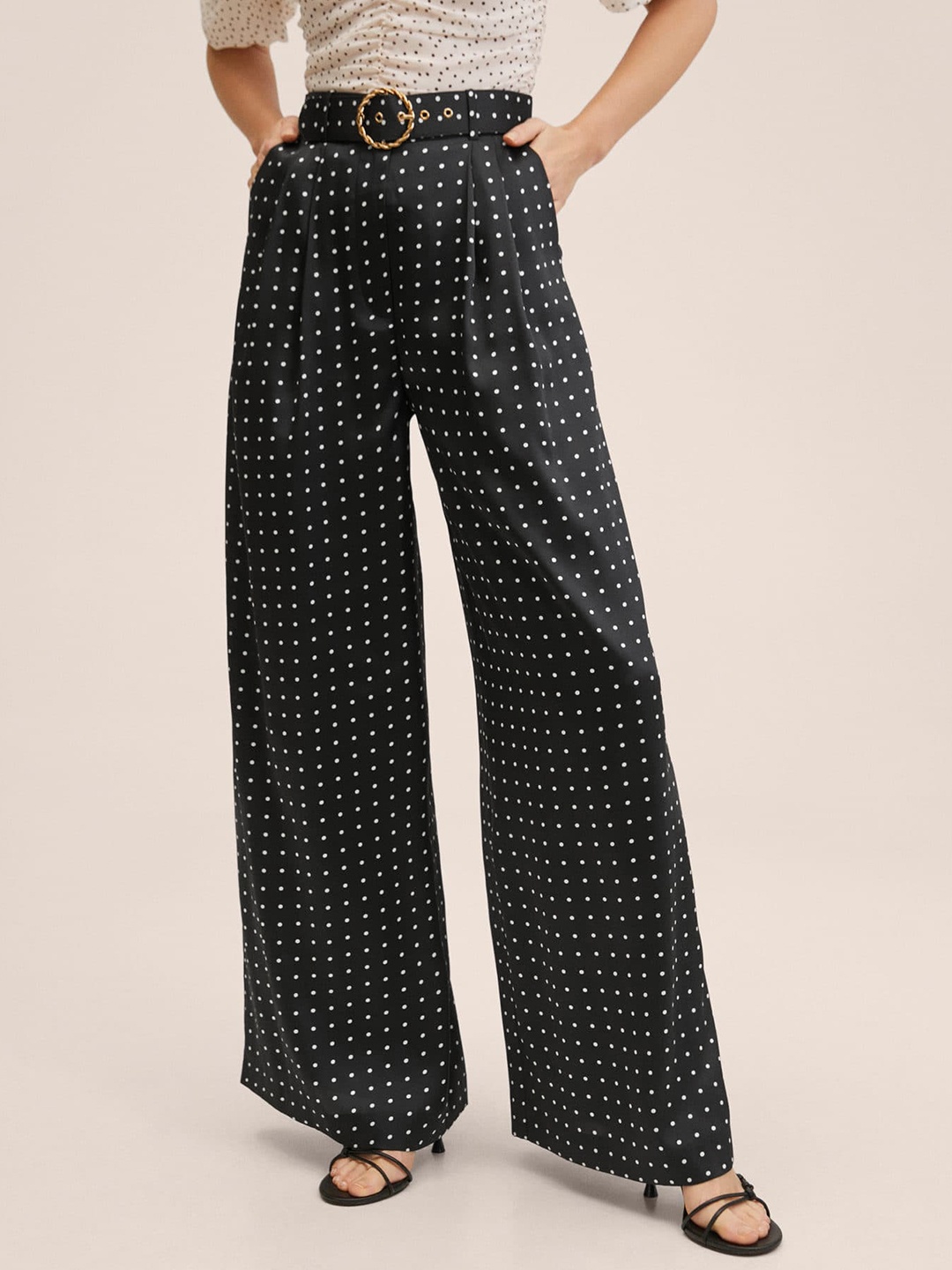 

MANGO Women Black Printed Belted Trousers