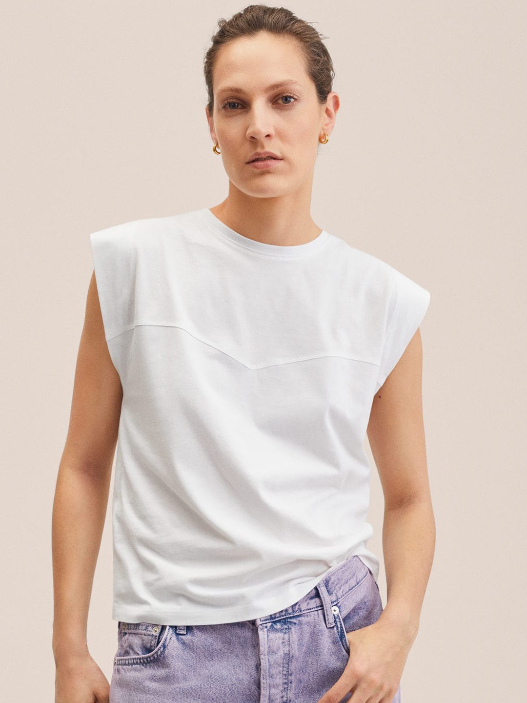 

MANGO Women White Solid Pure Cotton Extended Sleeves T-shirt