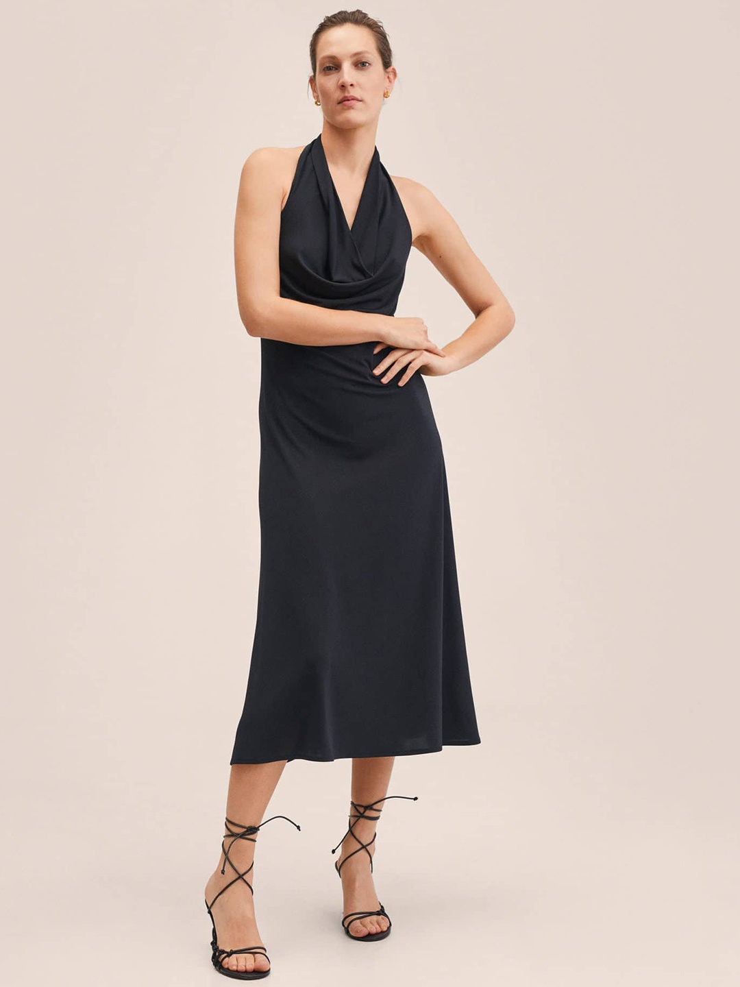 

MANGO Black Halter Neck A-Line Midi Dress