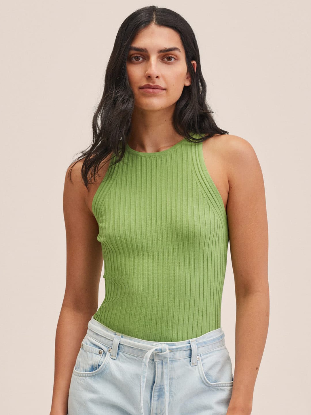 

MANGO Green Round Neck Ribbed Top