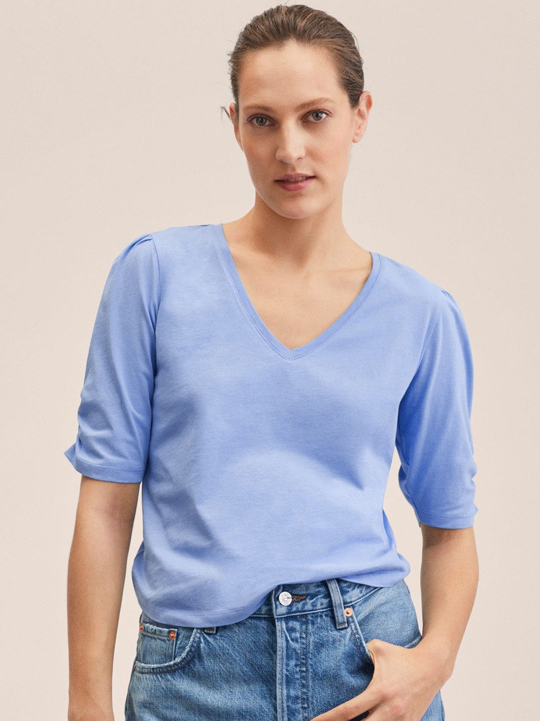 

MANGO Women Blue Solid Pure Cotton T-shirt