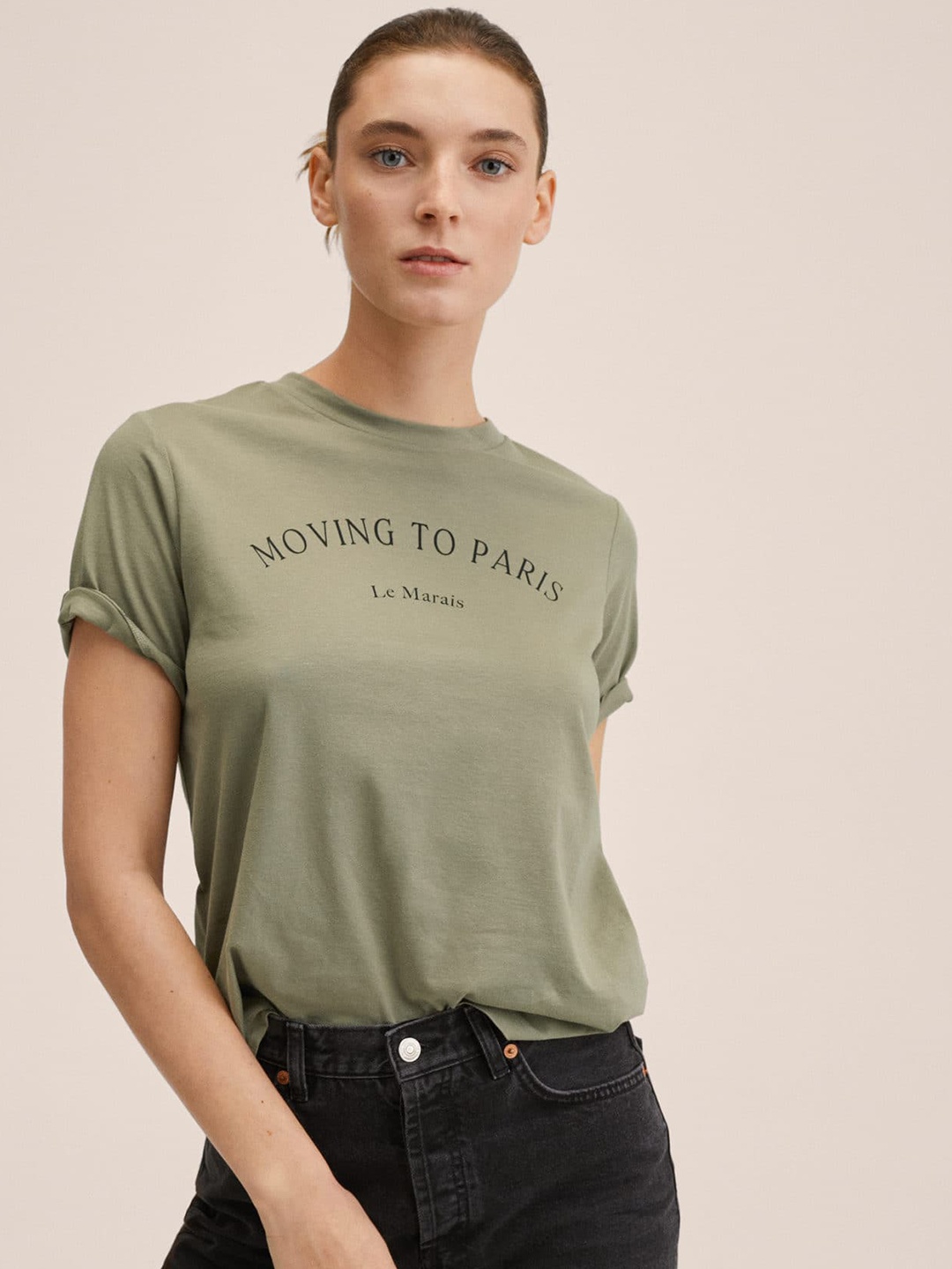

MANGO Women Olive Green & Black Typography Printed Cotton T-shirt