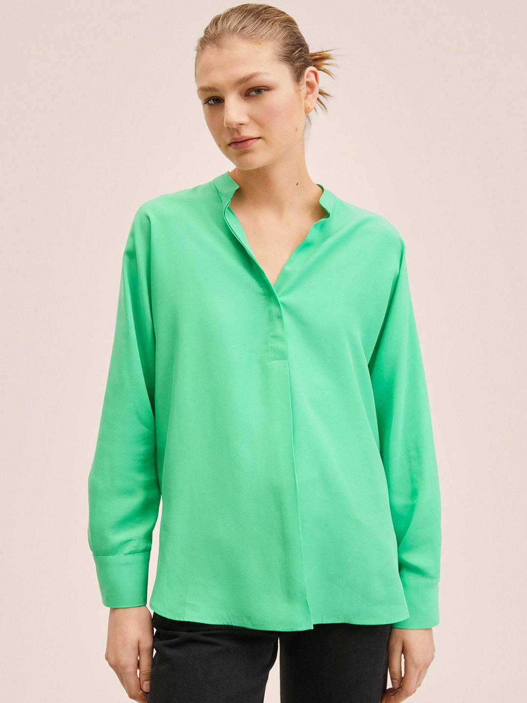 

MANGO Green Oversized Mandarin Collar Shirt Style Top