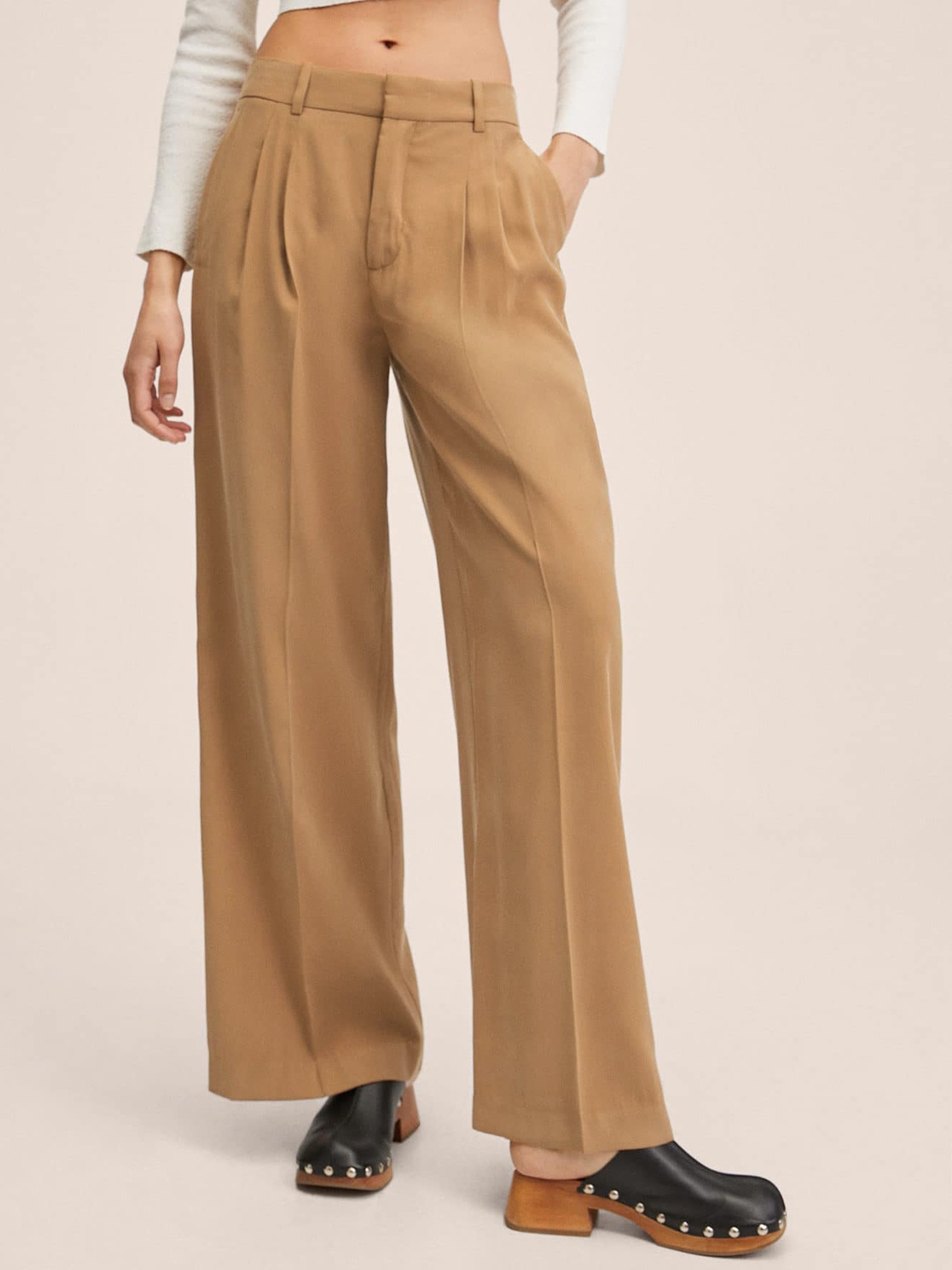 

MANGO Women Brown Pleated Parallel Trousers