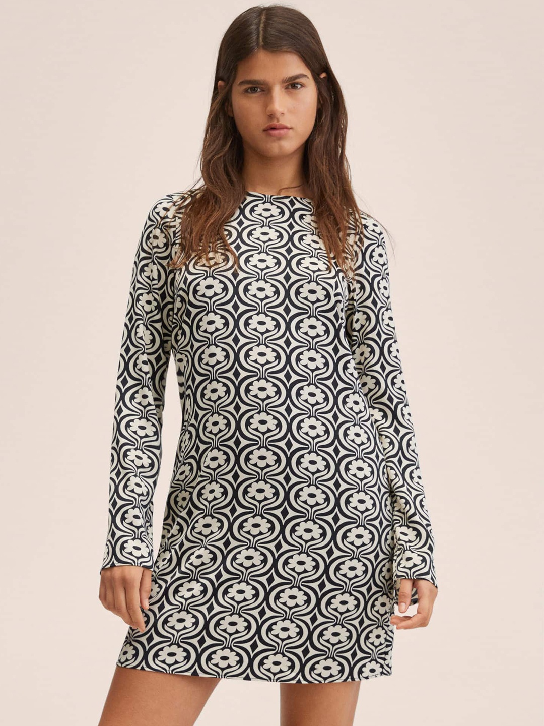 

MANGO Women Black & Off White Floral Print A-Line Mini Dress