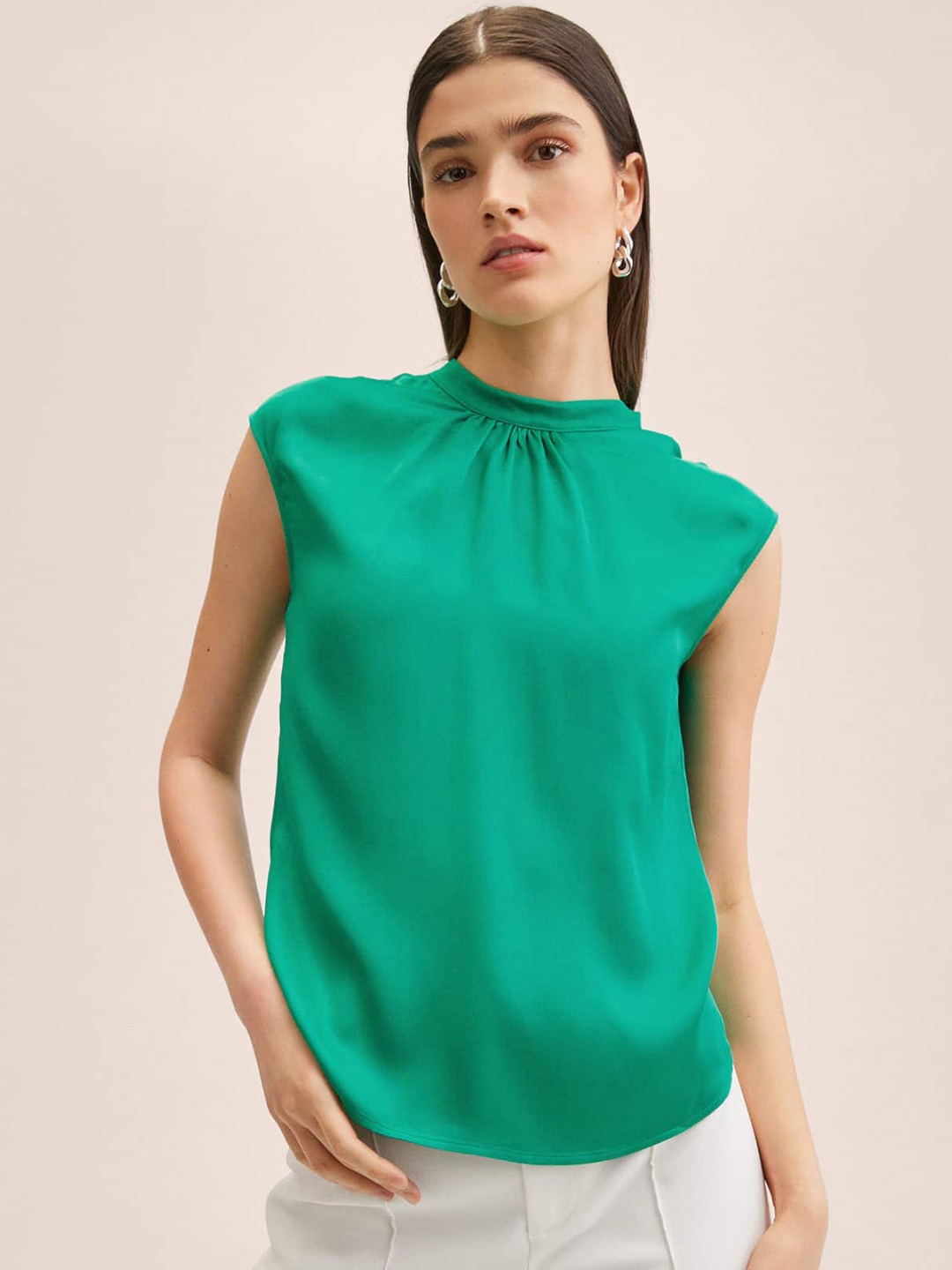 

MANGO Green Satin Finish Extended Sleeves Top